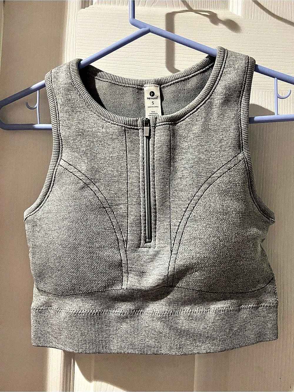 90 Degree by Reflex Ribbed Front-Zip Crop Sports Bra Gray Small